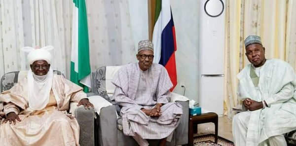 President Muhammadu Buhari withKatsina state governor, Aminu Bello Masari and Emir of Daura, Alhaji Faruk Umar Faruk